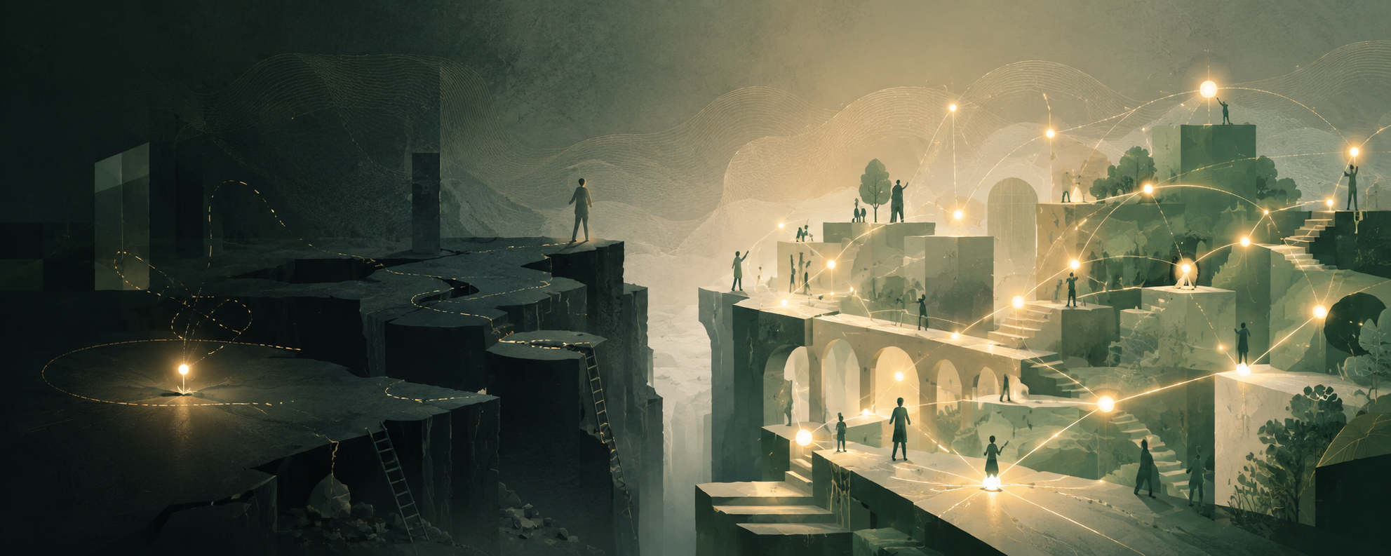 An uneven field split between isolated builders and connected builders sharing points of light.